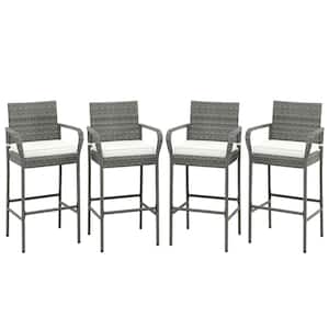 Wicker Outdoor Bar Stool Bar Height Chairs with White Cushions (Set of 4)
