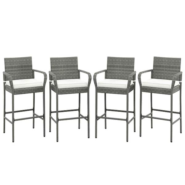 Gymax Wicker Outdoor Bar Stool Bar Height Chairs with White Cushions (Set of 4)