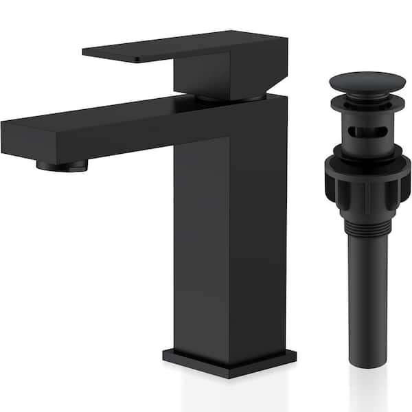 Single Handle Single Hole Bathroom Sink Faucet with Drain and Deckplate in Matte Black