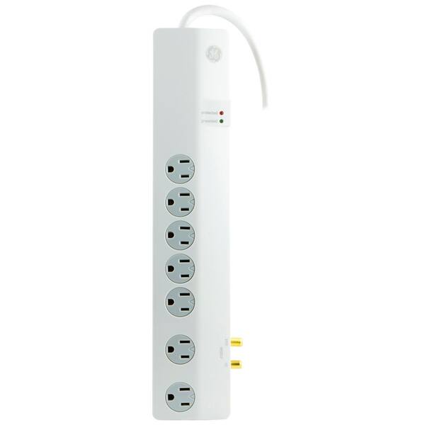 GE 7-Outlet Coax Cable Protection Surge Protector, White