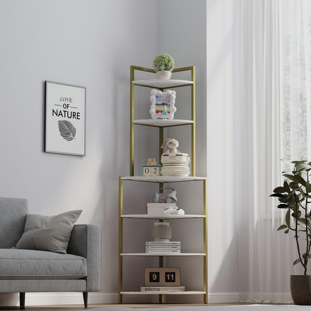 59.5 in. Tall Wood 6-Shelf Freestanding Etagere Bookcase with Metal Frame f