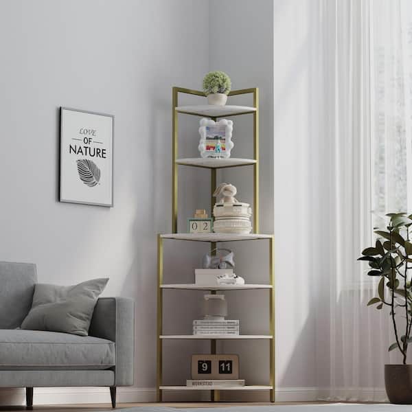 Angel Sar 59.5 in. Tall Wood 6-Shelf Freestanding Etagere Bookcase with Metal Frame for Living Room, Gold and White