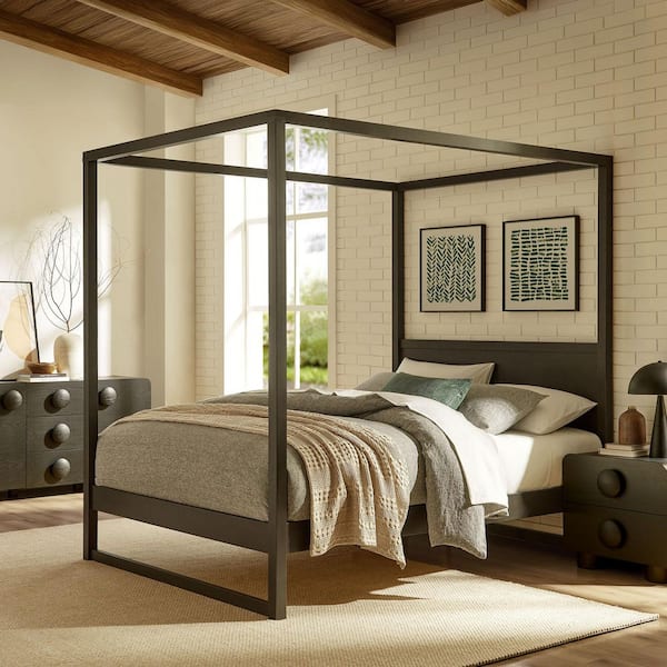 Alva Brown Wood Frame Queen Canopy Bed with 4-Post Canopy Bed