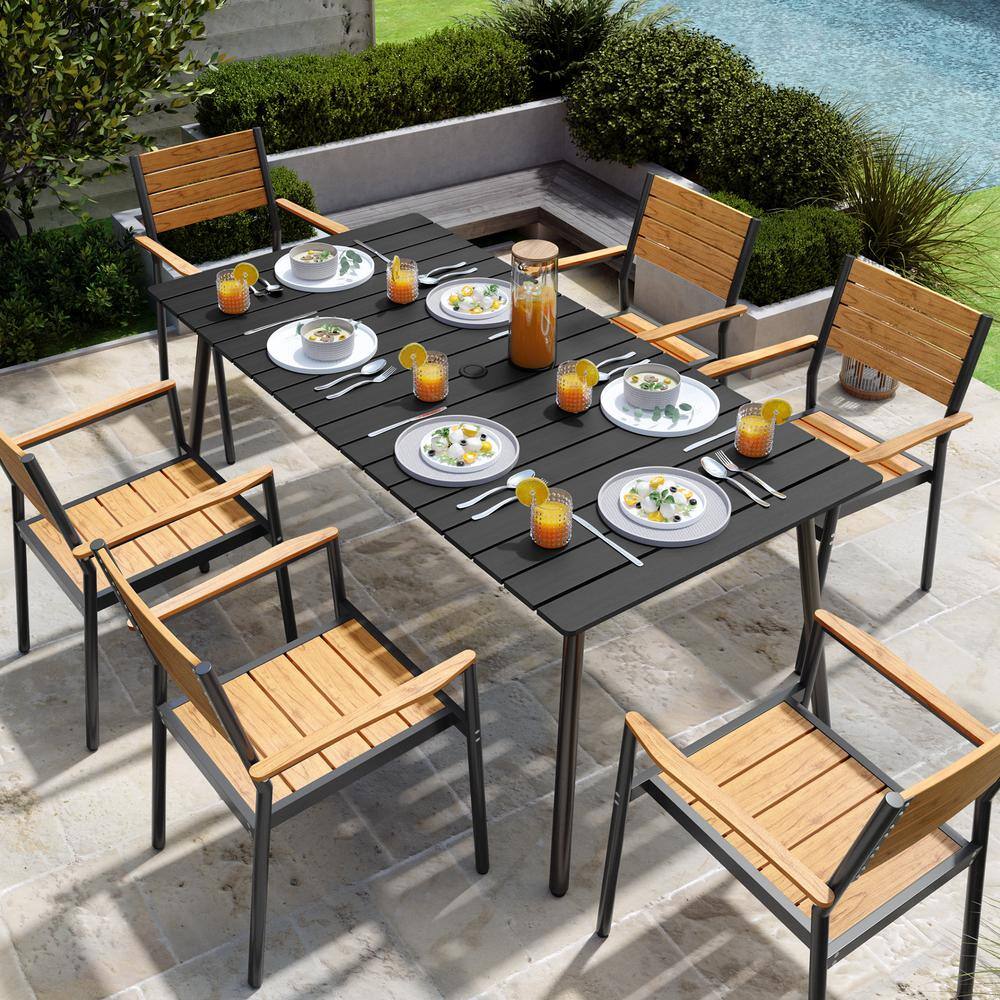 70.86 in. Black Rectangular Aluminum Outdoor Patio Dining Table with Wood-Like Tabletop