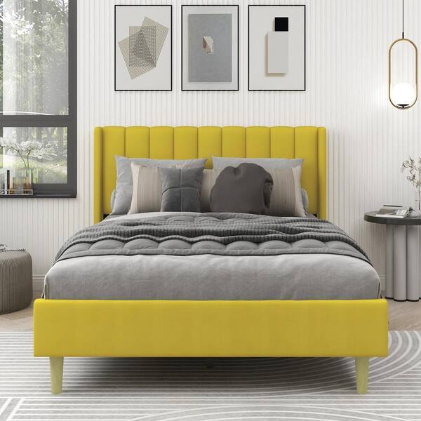 Einfach Queen Size Platform Bed Frame with Wingback Headboard Light Yellow Fabric Upholstered Mattress Foundation with Wooden Slat Support
