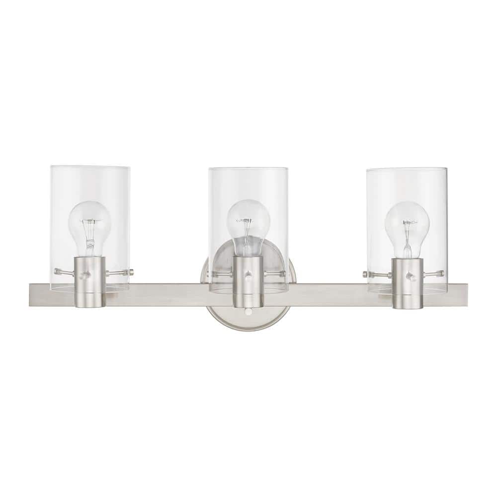 Munich Brushed Nickel 3-Light Vanity with Clear Glass Shades