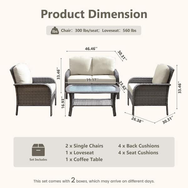 Ada Gray 4-Piece Wicker Outdoor Lounge Patio Chair Loveseat Chat Set with a Coffee Table and Beige Cushions