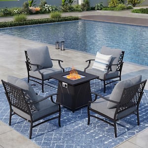 Black Meshed 4 Seat 5-Piece Metal Steel Outdoor Patio Conversation Set with Gray Cushions, Square Fire Pit Table