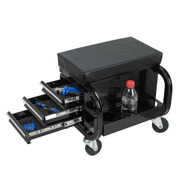 Rolling Creeper Garage/Shop Seat (14 in. W) with 3 Built-In Drawers, Rolling Tool Chest, Black
