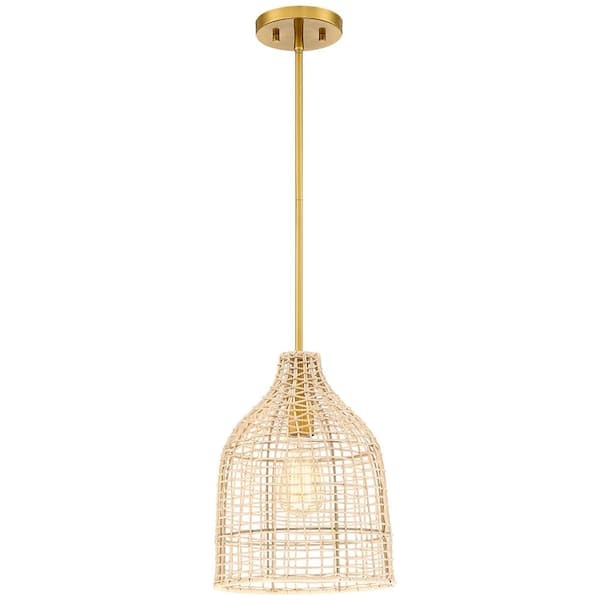 TRUE FINE Byatt 1-Light Brass Bohemian Island Mini Pendant Light with Natural Rattan Shade
