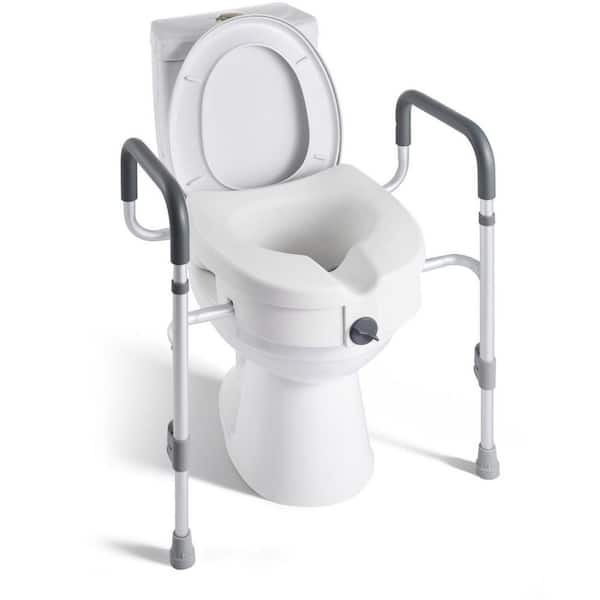 350 lbs. Capacity Elongated Raised Toilet Seat, 5 in. Elevated Riser with Arms Adjustable Width for Disabled in White