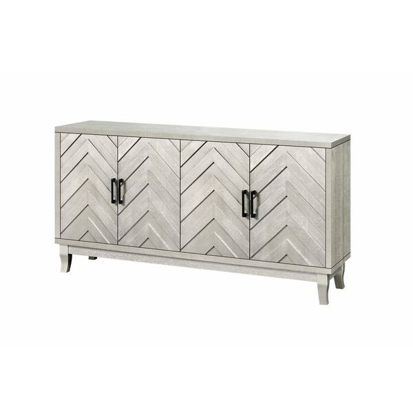 Vintage Champagne Silver MDF Pine 60in. Buffet Sideboard with 4 Doors and Adjustable Shelves