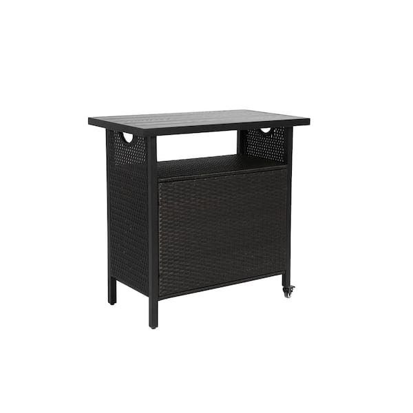 Outdoor Wicker Bar Cart, Patio Wine Serving Cart with Wheels, Rolling Rattan Beverage Bar Counter Table with Glass Top