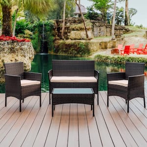 4-Piece Brown Patio Outdoor Furniture Wicker Conversation Set with Beige Cushions, 1-Loveseat, 2-Chairs and Coffee Table