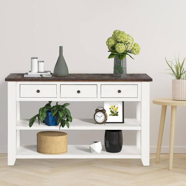 48 in. White Rectangular Solid Pine Wood Top Console Table Entryway Sofa  Side Table with 3 Storage Drawers 2 Shelves C96-CON-WHIT - The Home Depot