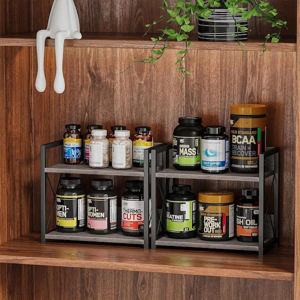 2-Tier Wood Kitchen Countertop Organizer, Spice Rack for Pantry, Wood Coffee Counter Shelf Organizer (Gray, S)