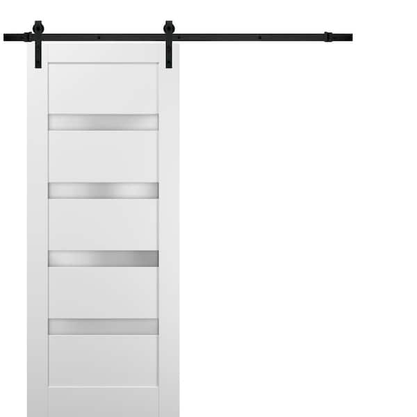 Sartodoors 18 in. x 80 in. 1-Panel 1/4 Lite Frosted Glass White Finished Solid Pine MDF Sliding Barn Door with Hardware Kit