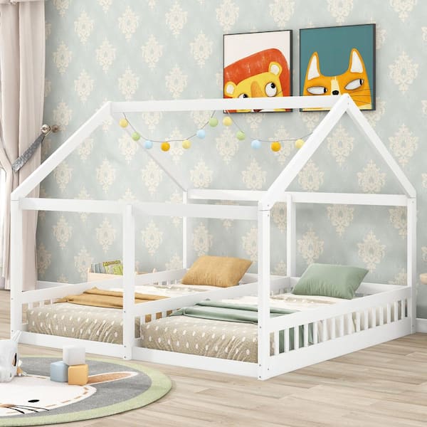 Harper & Bright Designs White Twin Size Wooden House Platform Beds with 2 Shared Beds