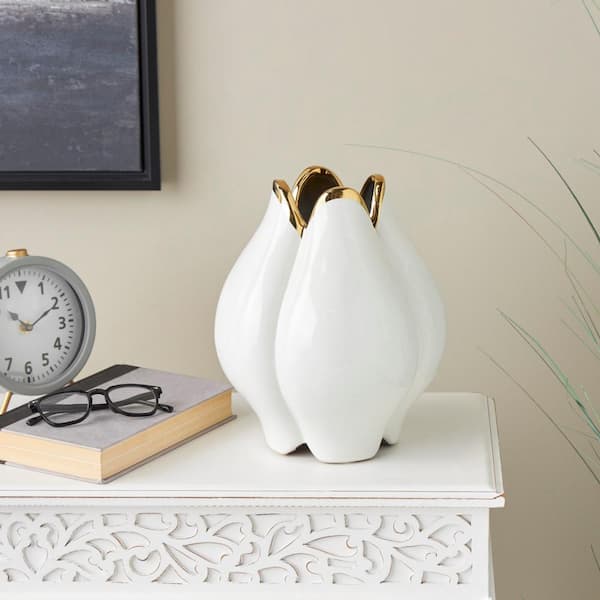 Litton Lane White Dimensional Tulip Shaped Ceramic Decorative Vase with Metallic Gold Rim