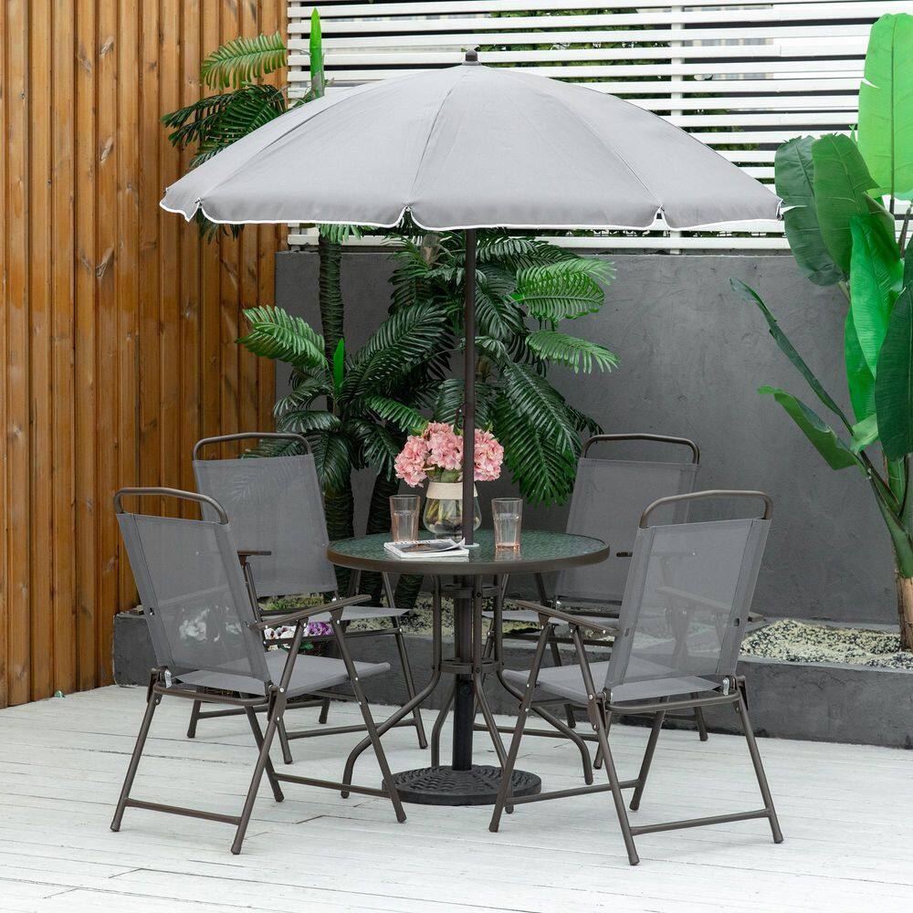 Hot Seller 6 Piece Gray Metal Round Outdoor Patio Dining Set with 4 Folding Dining Chairs, Round Glass Table, Umbrella price history on PriceWatchPro