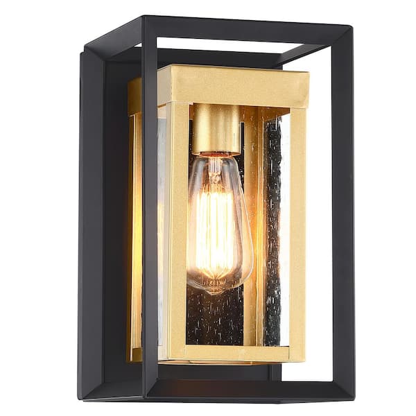 Pia Ricco 1-Light Matte Black and Metallic Bronze Not Solar Outdoor Wall Lantern Sconce with Seeded Glass