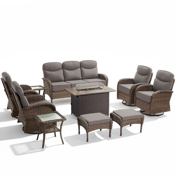 High Crescent 10-Piece Brown Wicker Patio Conversation Set with Gray Cushions and Wicker Fire Pit Table