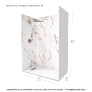 60 in. L x 32 in. W x 84 in. H Alcove Solid Composite Stone Shower Kit w/ Caramel Walls and L/R White Slate Shower Pan