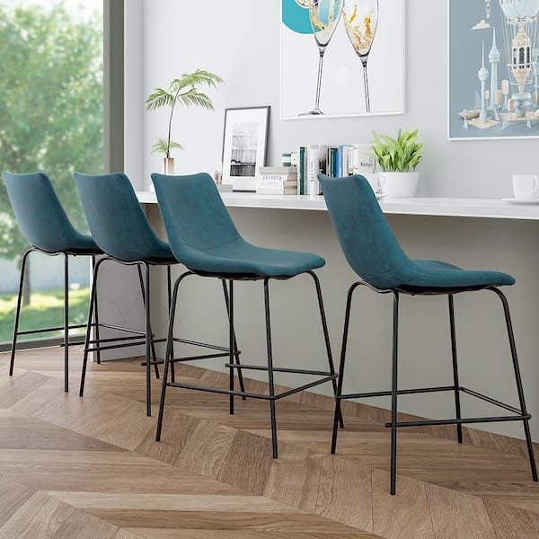 Maypex 35 in. Indigo Low Back 24 in. Seat Height Upholstered Counter Bar Stools Faux Leather (Set of 2)