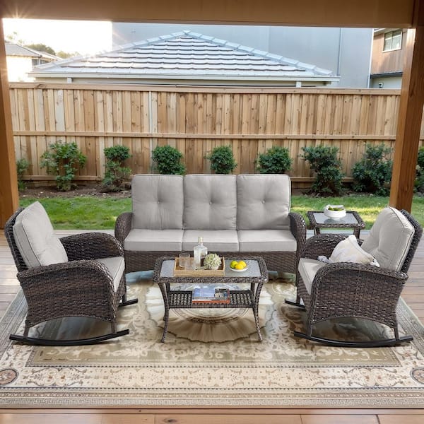 Opohoro Brown 5-Piece Wicker Patio Conversation Set with Rocking Chairs, Outdoor Sofa Seating Set with Olefin Beige Cushions