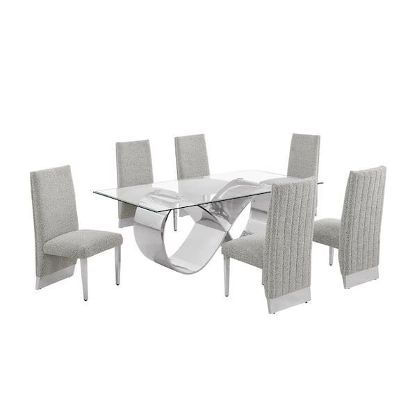 Best Quality Furniture Garrett 7-Piece Clear Tempered Glass Top with Stainless Steel Base Dining Set with 6 Rich Grey Chairs