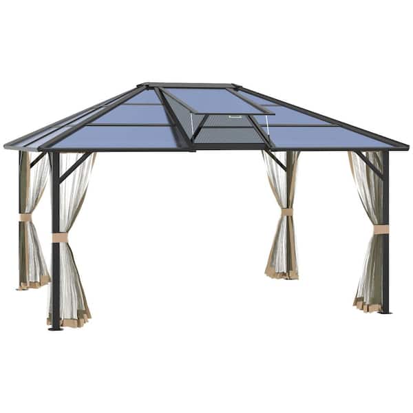 FORCLOVER 14 ft. x 12 ft. Gray Hardtop Gazebo with Netting and Skylight Window