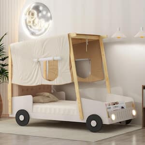 Natural Wood Frame Twin Size Car-Shaped Platform Bed with Cushioned Headboard, Ceiling Cloth and LED