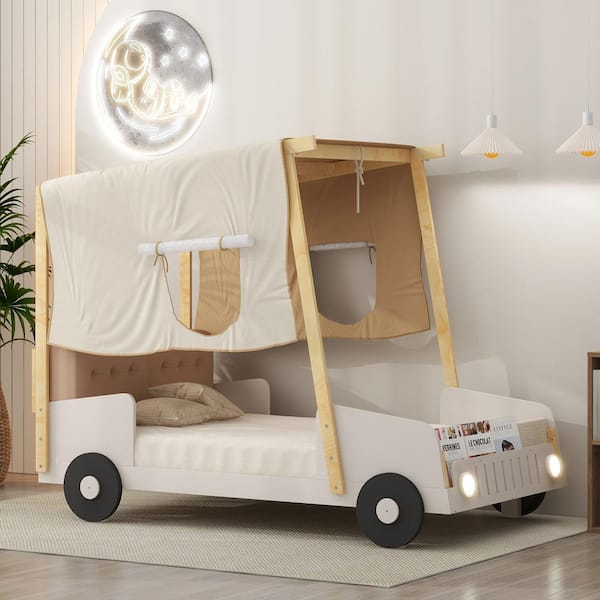 Harper & Bright Designs Natural Wood Frame Twin Size Car-Shaped Platform Bed with Cushioned Headboard, Ceiling Cloth and LED