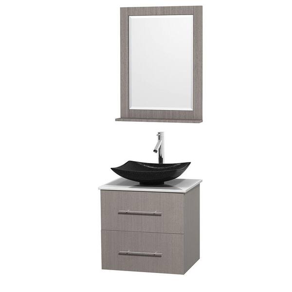 Wyndham Collection Centra 24 in. Vanity in Gray Oak with Solid-Surface Vanity Top in White, Black Granite Sink and 24 in. Mirror