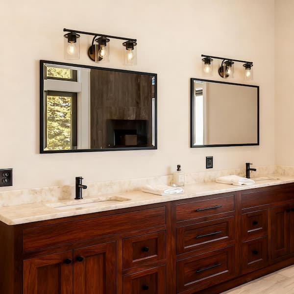 Modern Matte Black Vanity Light 21.75 in. 3-Light Bathroom Powder Room Wall Light with Cylinder Clear Glass Shades