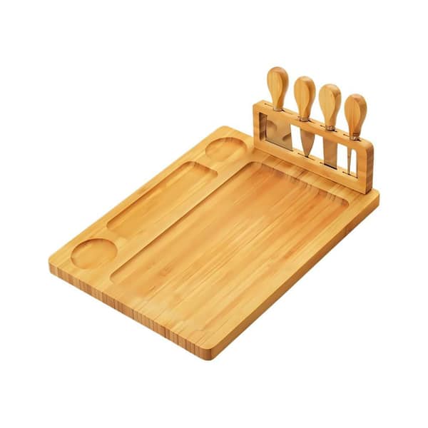 14 in. x 11.4 in. Bamboo Cheese Board with 4 Knives, Large Cheese Serving Tray with Divided Sections