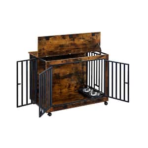 Dog Crate Side Table with Feeding Bowl, Wheels, 3-Doors for Small to Medium Dogs