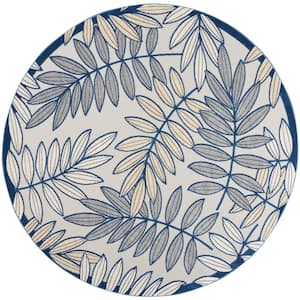 Aloha Ivory/Navy 8 ft. x 8 ft. Round Floral Contemporary Indoor/Outdoor Patio Area Rug