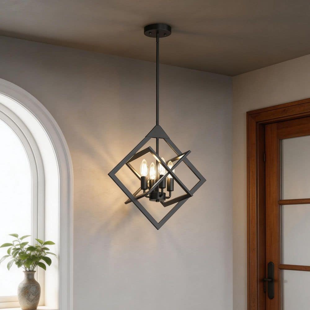 Emeritpro 4-Light Modern Black Geometric Chandelier with Cube