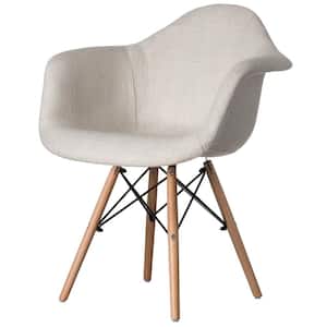 Mid-Century Modern Style White Fabric Lined Armchair with Beech Wooden Legs