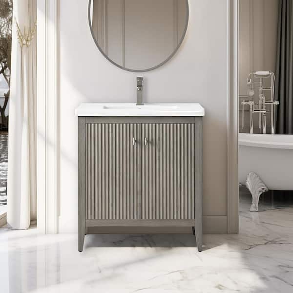 30 in. W x 18.5 in D x 34 in. H Single Sink Linear Driftwood Gray Bath Vanity Cabinet with White Ceramic Top