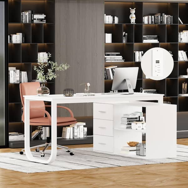 FUFU&GAGA 55.1 in. L-Shaped White Wood Writing Desk Executive Desk With USB interface and socket, Shelves, Drawers Home Office Use