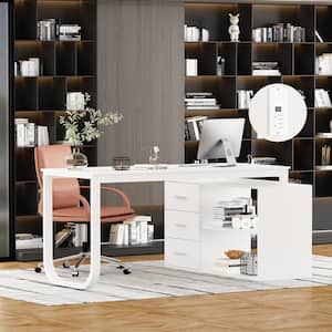 55.1 in. L-Shaped White Wood Writing Desk Executive Desk With USB interface and socket, Shelves, Drawers Home Office Use