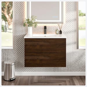 Joy 32 in. Single Sink Floating Rosewood Bath Vanity with White Porcelain Top (Assembled)