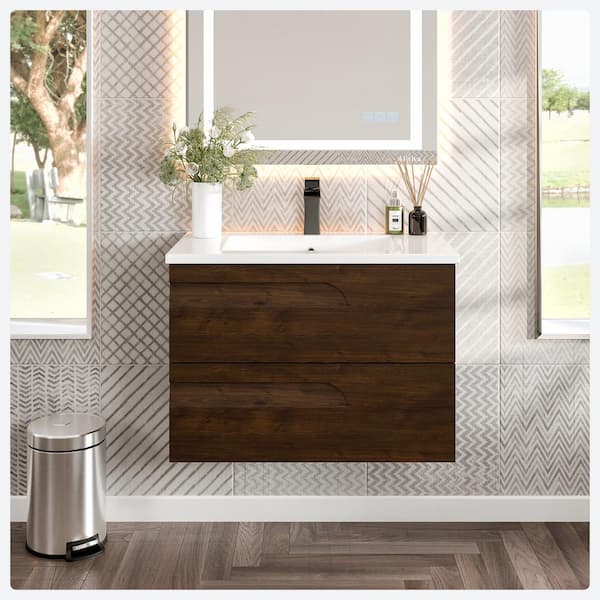 Eviva Joy 32 in. Single Sink Floating Rosewood Bath Vanity with White Porcelain Top (Assembled)