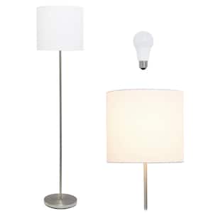 57 in. Brushed Nickel Traditional Standard Stick Floor Lamp with White Drum Shade, with LED Bulb