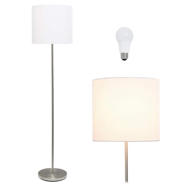 Simple Designs 57 in. Brushed Nickel Traditional Standard Stick Floor Lamp with White Drum Shade, with LED Bulb