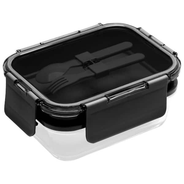 LEXI HOME 58.5 Oz. Premium 4-In-1 Double-Layer Glass Bento Lunch Box with Utensils in Black 1-Pack