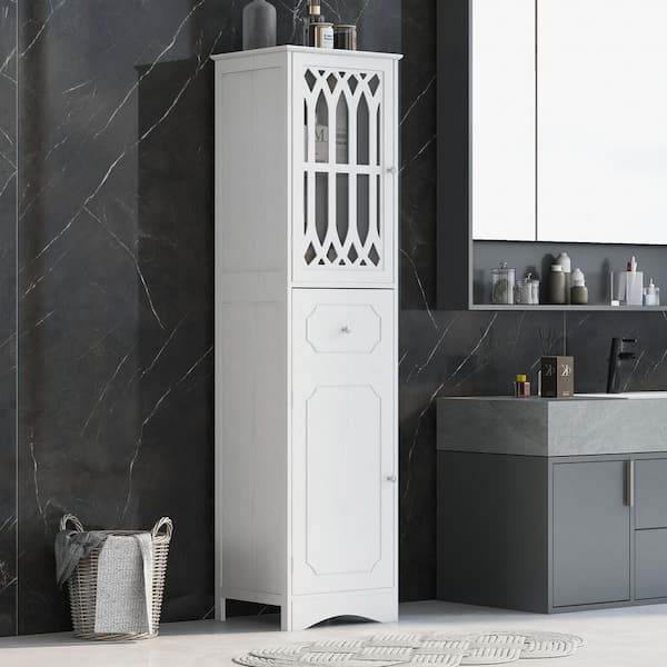 17 in. W x 14 in. D x 64 in. H White Freestanding Linen Cabinet