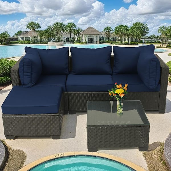Unbranded 5-Piece Coffee Wicker Outdoor Sectional Set with Dark Blue Cushions and Coffee Table